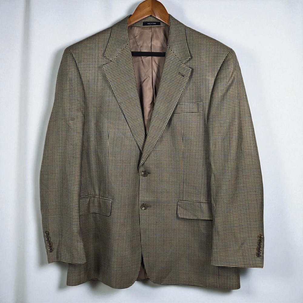 Chaps‎ Blazer Men 42R 100% Silk Houndstooth Beige Brown Blue 2 Button Academia